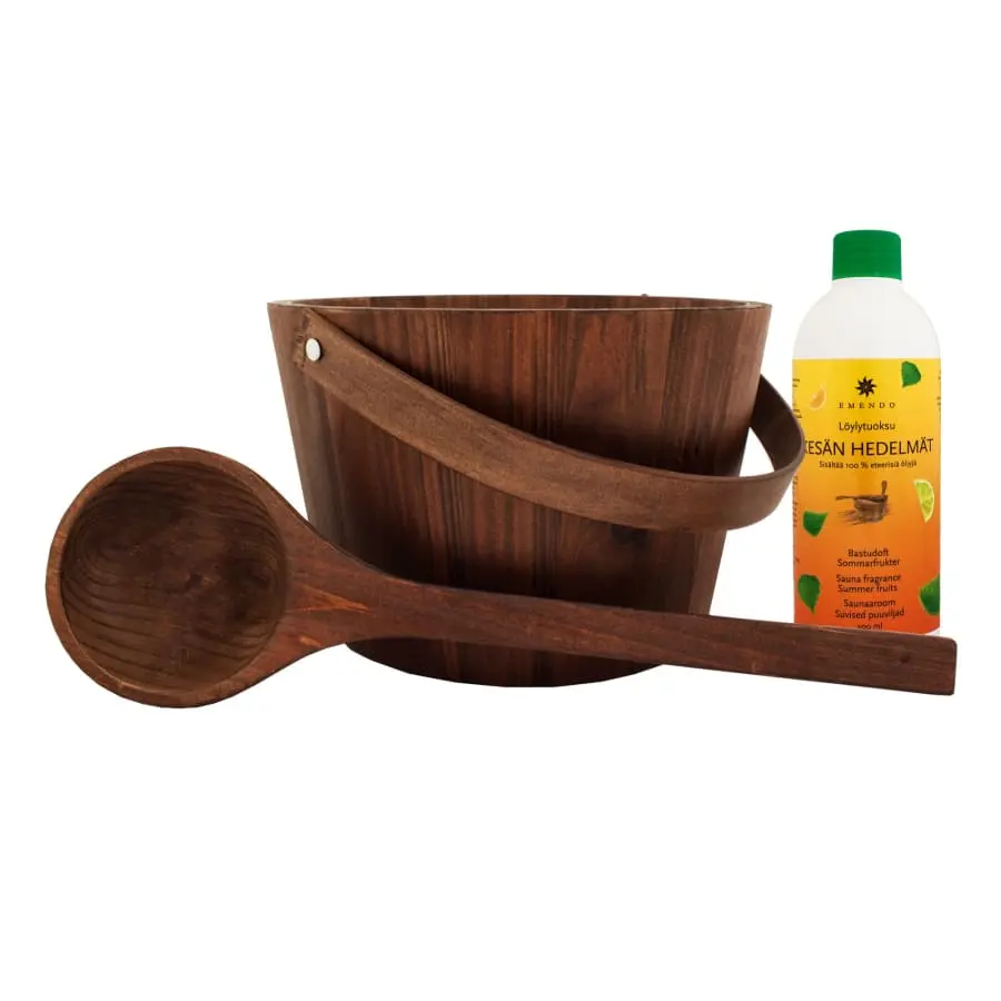 Emendo Puinen Saunasanko + Kauha + Kesän Hedelmät 500 Ml Löylytuoksu